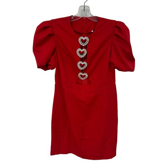Unbranded Red Rhinestone Heart Embellished Short Puff Sleeve Dress Womens Large - Picture 2 of 7